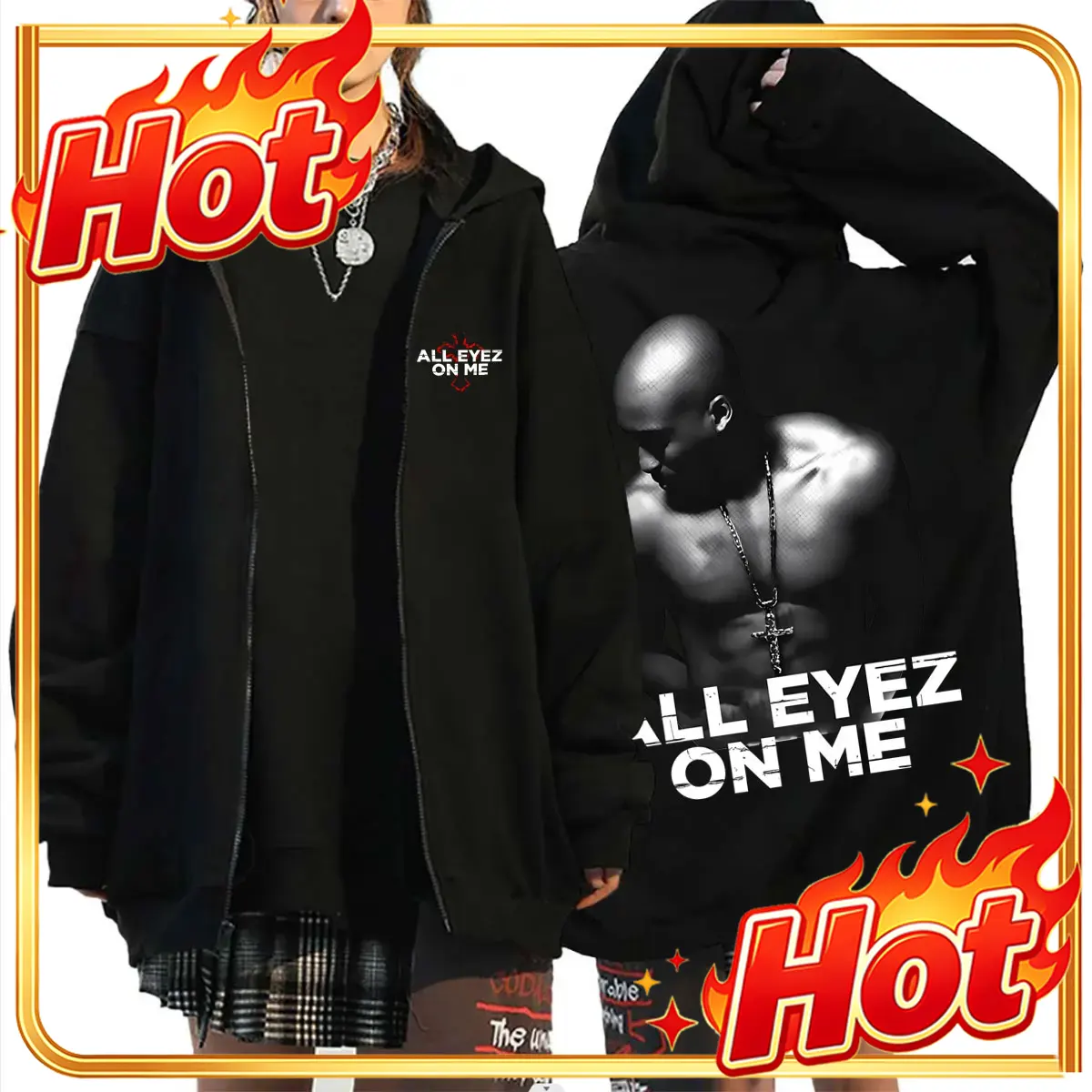 Mens Fashion Zip Up Hoodies - ラッパー、トゥパック2パックの「All Eyez on Me」デザインのクロスジッパー付きパーカー。メンズ、レディース、ヒップホップファッション、ジップアップパーカー、メンズカジュアル、オーバーサイズ、ストリートウェア。