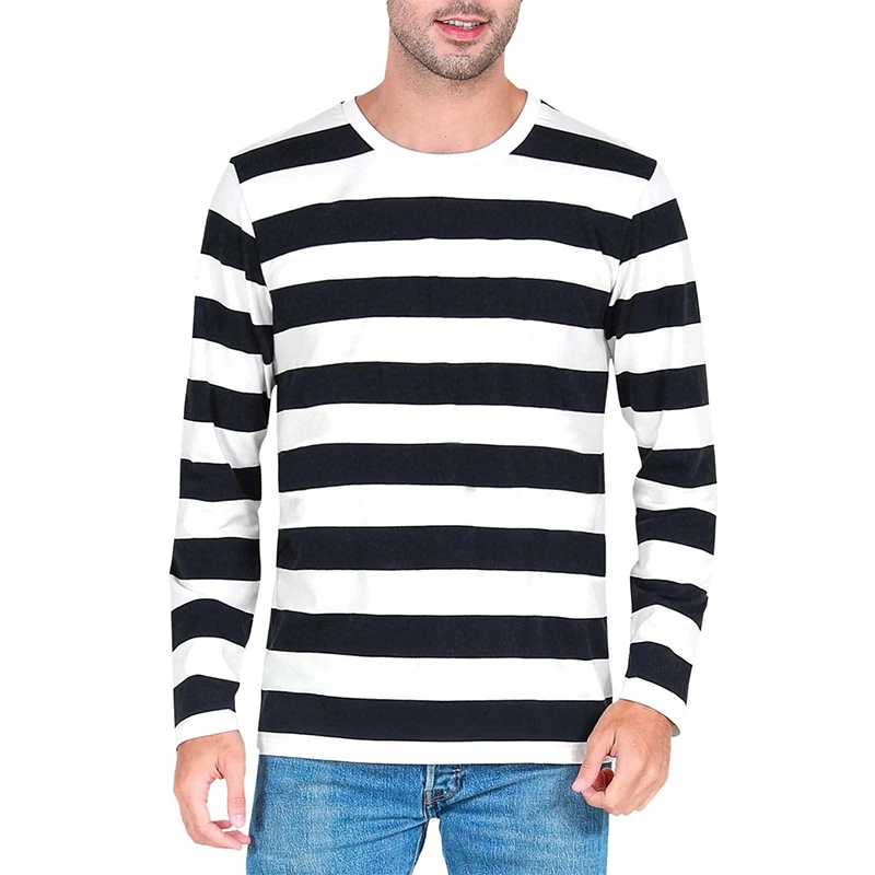 Mens Fashion Clothes - コントラストストライプの3Dプリントが施された、メンズ長袖Tシャツ。カジュアルでファッショナブルなデザイン。Oネック、オーバーサイズ。ポリエステル素材。メンズウェア。