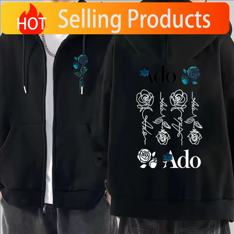 Mens Fashion Zip Up Hoodies - 2026 Ado グラフィックプリントジッパーパーカー秋冬男性女性カジュアルファッション原宿 Y2K フリース長袖ジップアップパーカー