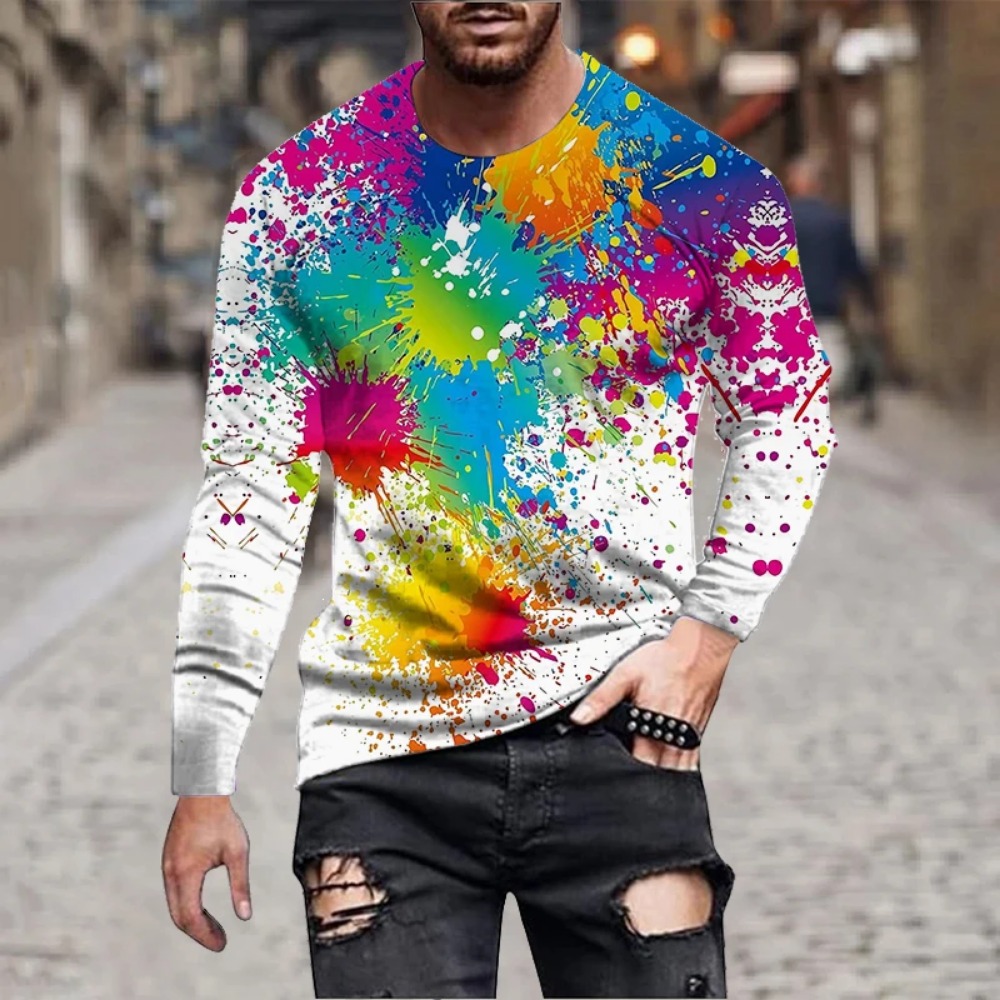 メンズ レインボーペイントスプラッシュ 3Dプリント 長袖T - Men'S Fashion T Shirts のレビューと価格
