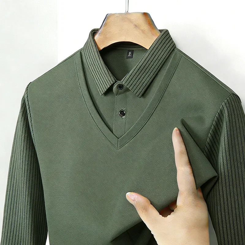 メンズフェイクツーピースシャツ襟 V ネック長袖トップカーキ - Mens Fashion Clothes のレビューと価格