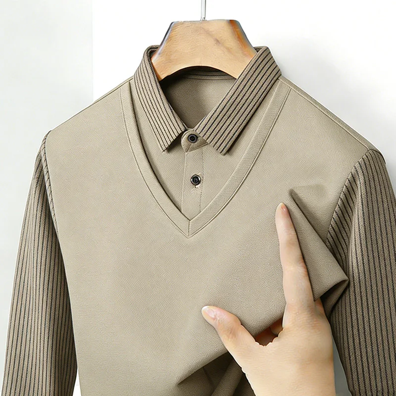 メンズフェイクツーピースシャツ襟 V ネック長袖トップカーキ - Mens Fashion Clothes のレビューと価格