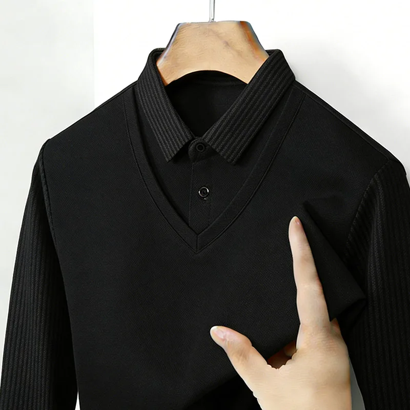 メンズフェイクツーピースシャツ襟 V ネック長袖トップカーキ - Mens Fashion Clothes のレビューと価格