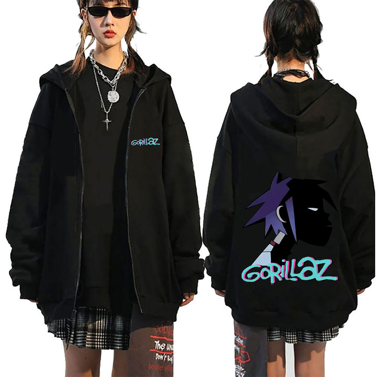 ロックバンド「ゴリラズ」の顔をあしらったグラフィックプリント - Mens Fashion Zip Up Hoodies のレビューと価格