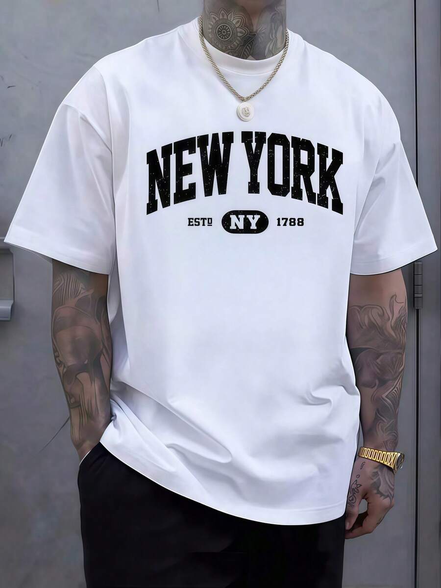 メンズ服 ニューヨーク文字プリント ホワイトTシャツ 1枚、 - Men'S Fashion New York のレビューと価格